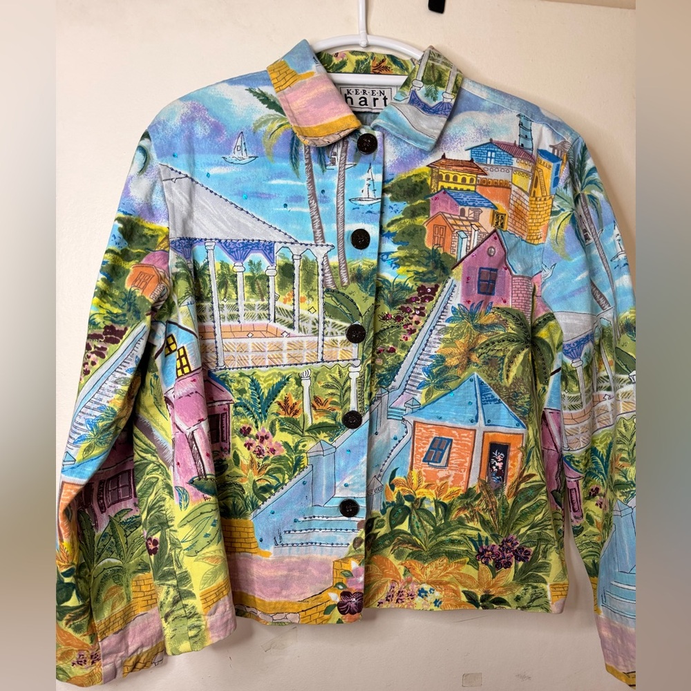 Keren Hart Colorful Scenic Village Print Button Jacket Women’s Large - Picture 2 of 9